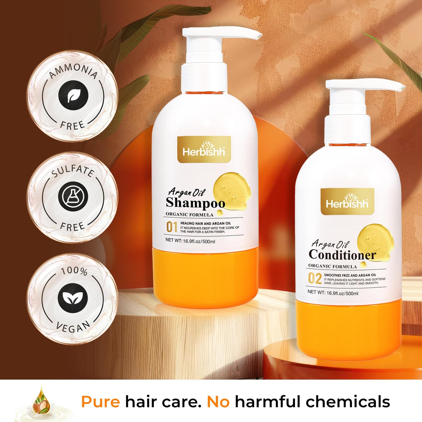 Herbishh Argan Oil Shampoo & Conditioner Set, Deep Cleansing Formula for Dry & Frizzy Hair, Helps Nourish Damaged Color-Treated Hair with Shea Butter, Jojoba & Coconut Oil, 16.9 fl oz Each