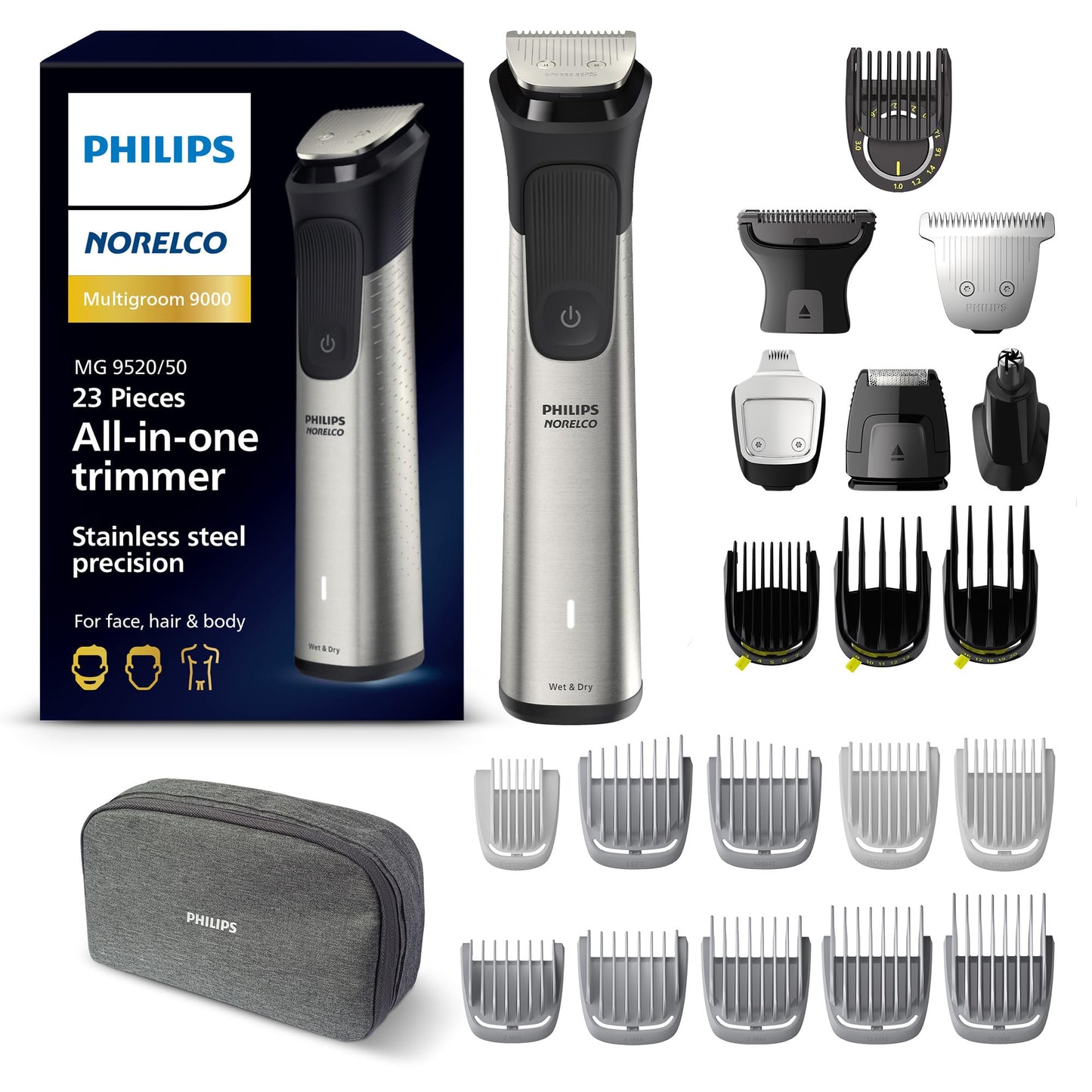 Norelco Philips Multigroom 9000 Series, All-in-One Trimmer, Beard Trimmer and Hair Clipper, 23-Piece Men's Grooming Kit for Beard, Body, Face, Nose, Ear and Intimate Areas, MG9520/50
