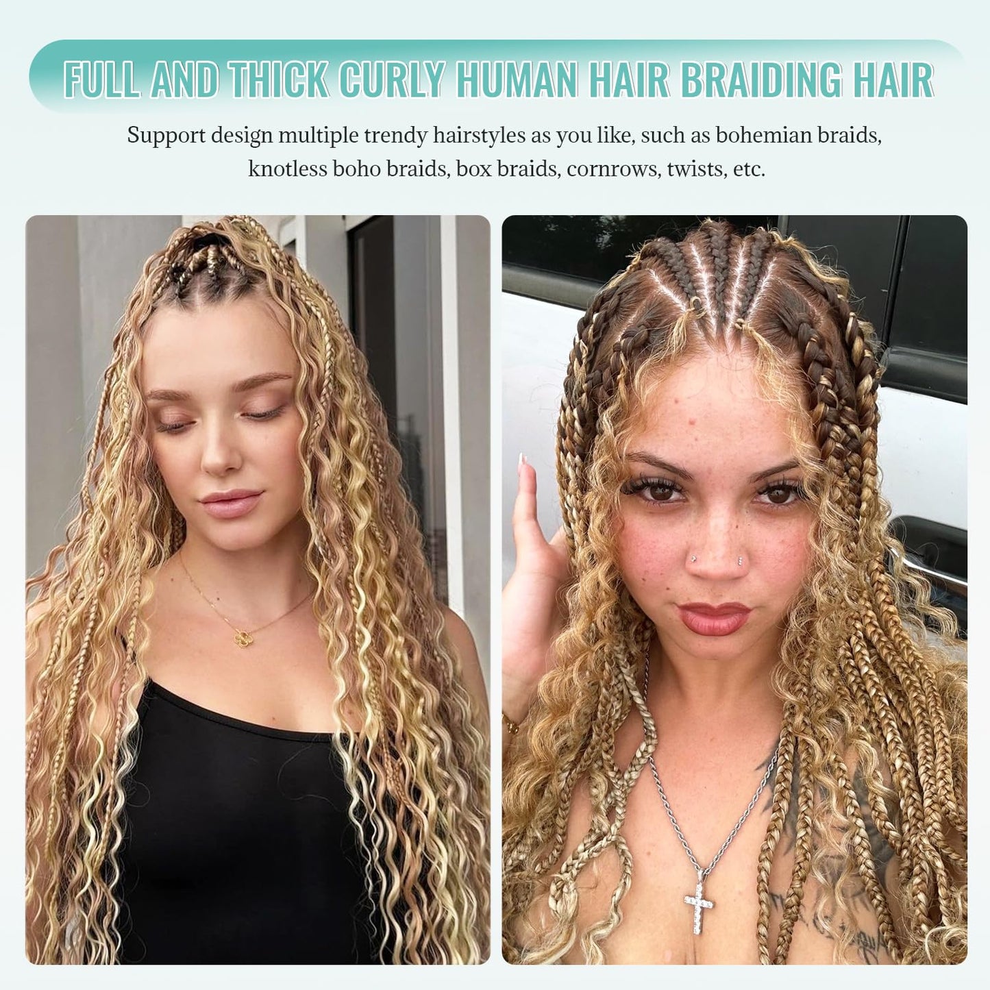 Honey Blonde Highlight Human Braiding Hair for Boho Braids Water Wave Bulk Human Hair for Braiding Ombre Color No Weft 2 Bundles 100G Wet And Wavy Twist Hair Braiding 16 Inch