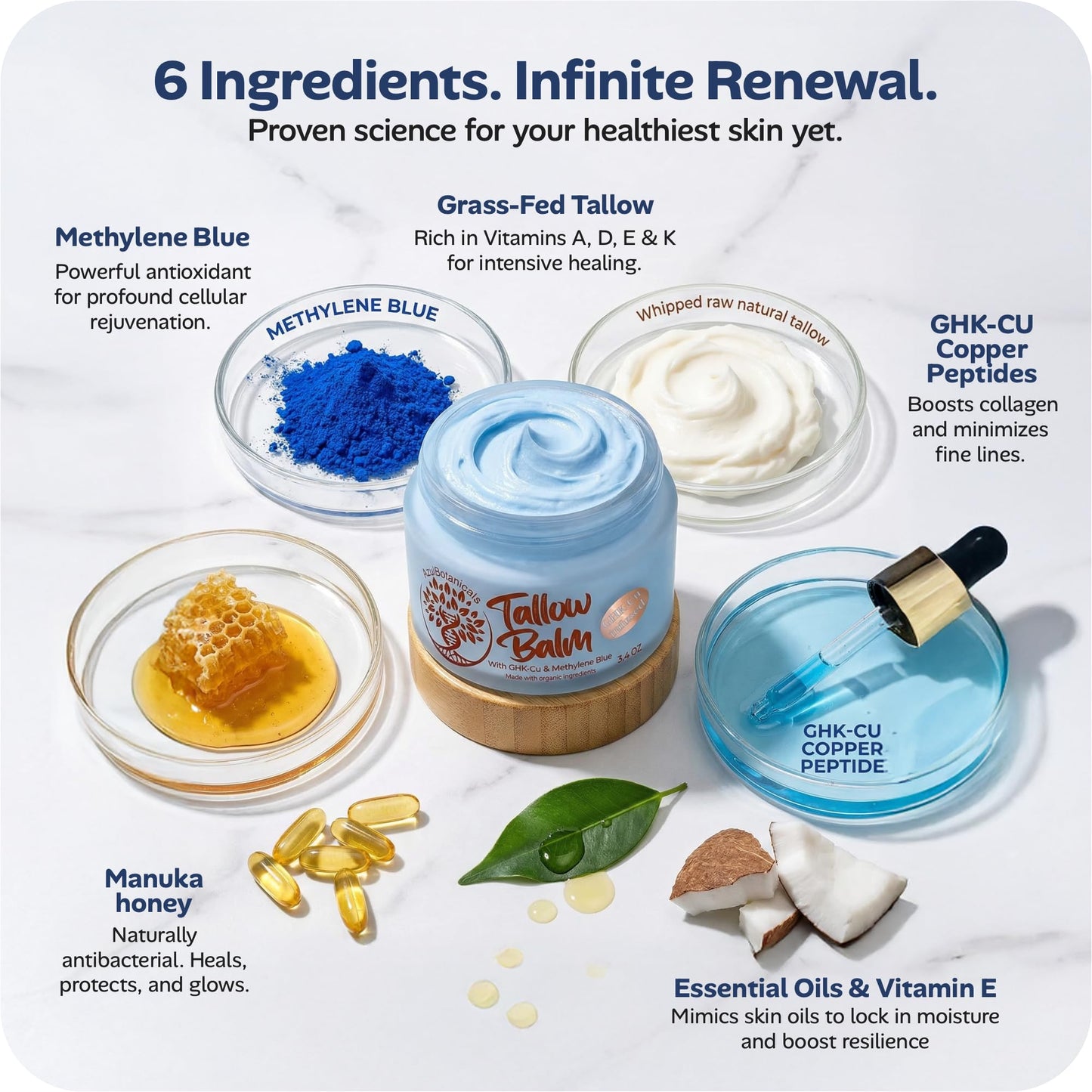 Whipped Balm for Skin & Face Made In The USA - Copper Peptide GHk-Cu & Methylene Blue Infused Whipped Grass Fed Tallow Balm, Fine lines, Wrinkles, Eczema, Acne, Full body Moisturizer (1.7 oz)