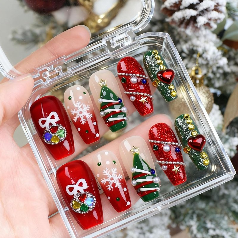 Christmas Press-On Nails - 10 Pcs Handmade Acrylic Coffin Nails with Glitter & 3D Rhinestones | Size M
