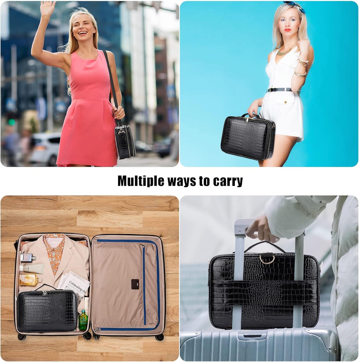Travel Makeup Train Case - Large Capacity Cosmetic Bag Organizer for Women | Adjustable Dividers & Shoulder Strap - Medium Crocodile Pattern Black