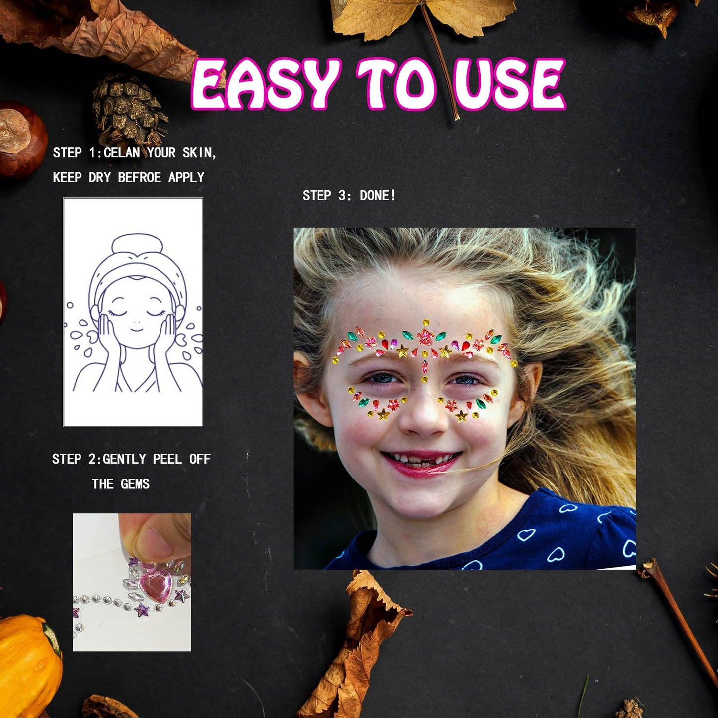 Kids Festival Face Jewels Gems – 4 Pack Sparkly Face Stickers & Crystal Temporary Tattoos – Fun Rhinestone Makeup for Girls for Halloween, Birthday, Christmas & Dress-Up Play