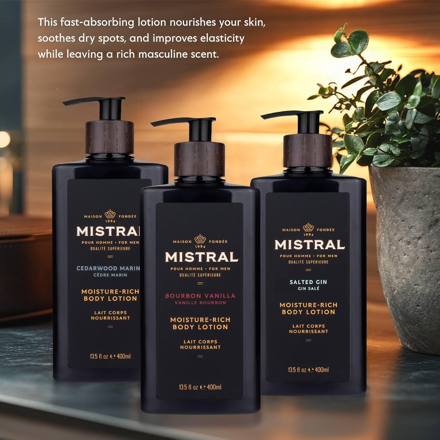 Mistral Bourbon Vanilla Body Lotion for Men - Fast-Absorbing Moisture-Rich Cream with Shea Oil & Squalane | 13.5 fl oz