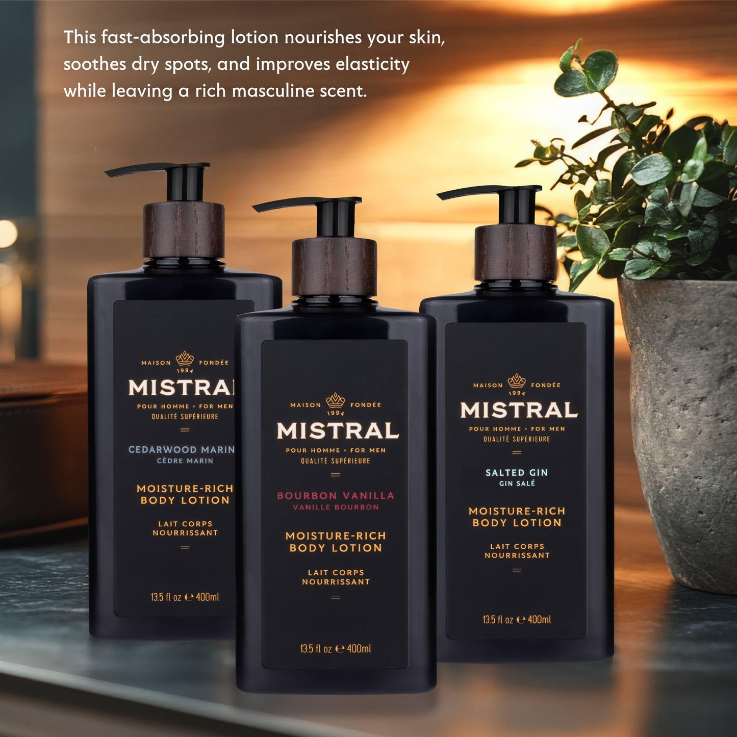 Mistral Bourbon Vanilla Body Lotion for Men | Moisture-Rich Body Cream | Fast-Absorbing Men’s Lotion with Shea Oil & Squalane | Natural & Paraben-Free | Masculine Scent – 13.5 fl oz