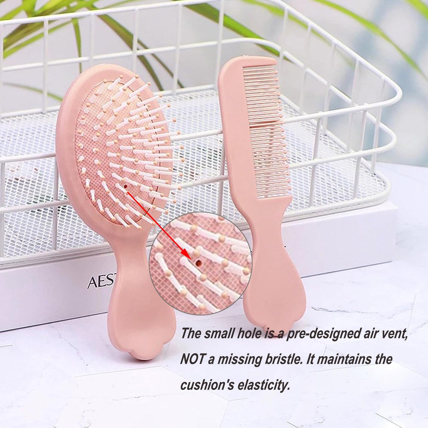 4 Pieces Mini Hair Brush Hair Comb Set For Women Girls Kids Toddler Small Travel Hair Combs Brushes Handheld Mirror Set Detangling Comb Massage HairBrush with Air Cushion (Pink)