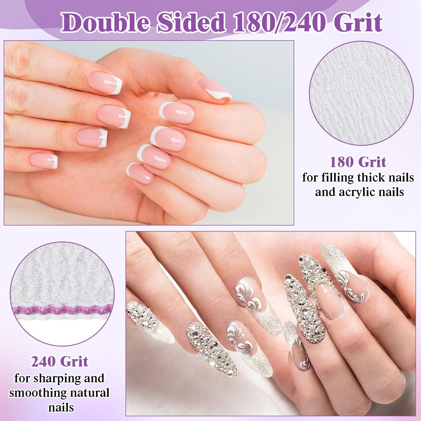 Xinnun 150 Pcs Nail Files 180/240 Grit Double Sides Professional Reusable Emery Board Nail Files for Acrylic Nails Manicure Tools Suit for Home Salon