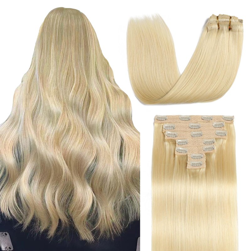 Sisily Clip in Hair Extensions Real Human Hair, Premium Human Hair Clip in Extensions Bleach Blonde, Soft Straight Hair Extensions Real Human Hair Clip ins 7PCS Double Weft（16 Inch #613）
