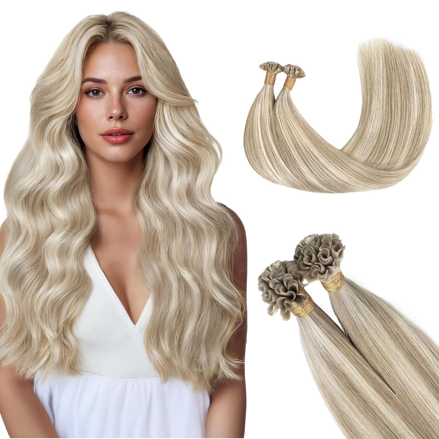 U Tip Hair Extensions - Real Human Hair, 14in 50g, Hot Fusion | Invisible Remy, Dark Blonde Highlighted Bleach Blonde