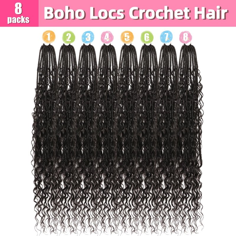 Goddess Faux Locs Crochet Hair - Soft Boho Locs for Black Women | 30 Inch, 8 Packs, Curly Ends (1B)