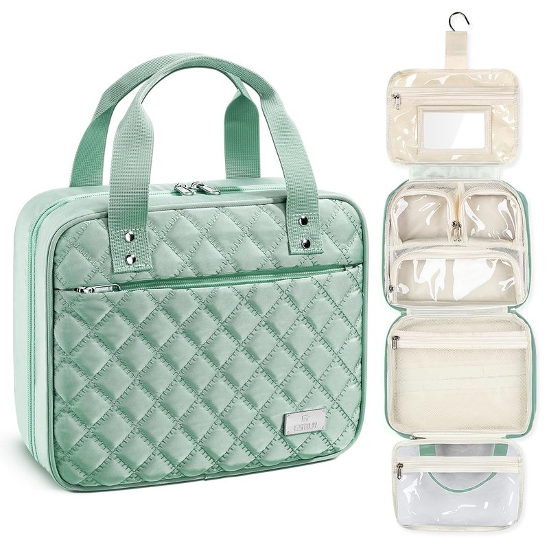 Travel Toiletry Bag for Women, Large Makeup Bag Organizer with Detachable Mirror, and Clear Cosmetic Bag, Suitable for Travel Size Toiletries-Mint Green