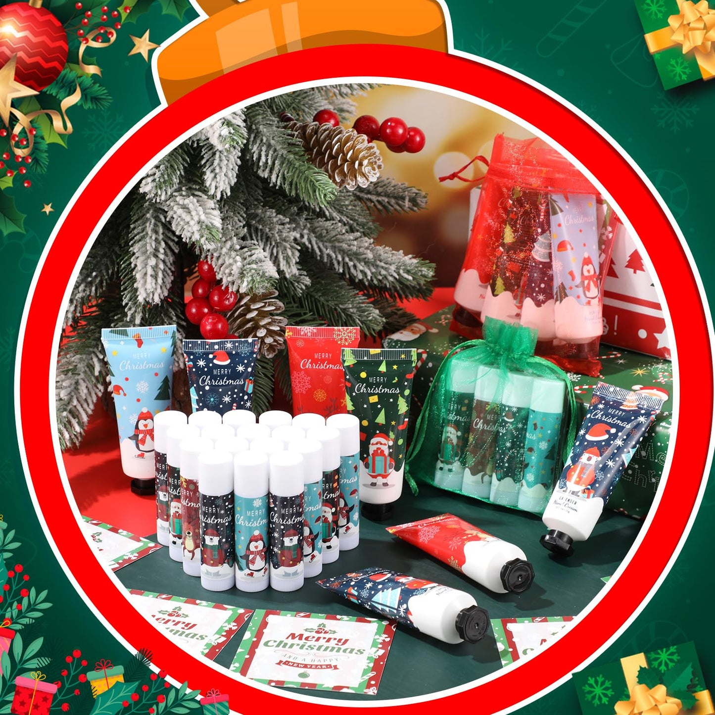 Heigble 24 Set Christmas Hand Cream Gift Set, Including Moisturizing Hand Lotion, Xmas Lip Balm, Gauze Bags, Thank You Cards Natural Fragrant Bulk Christmas Gifts for Coworkers Employees Stuffers