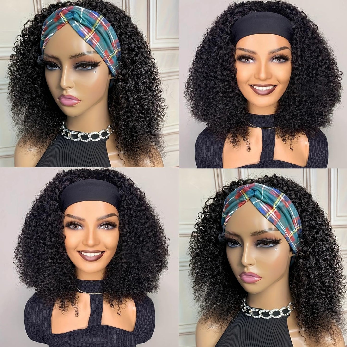 Coshgirl Headband Wig Human Hair Kinky Curly for Black Women Curly Headband Wig Human Hair 150% Density Machine Made Glueless None Lace Front Wigs Brazilian Virgin Wig KC Natural Color 12 Inch