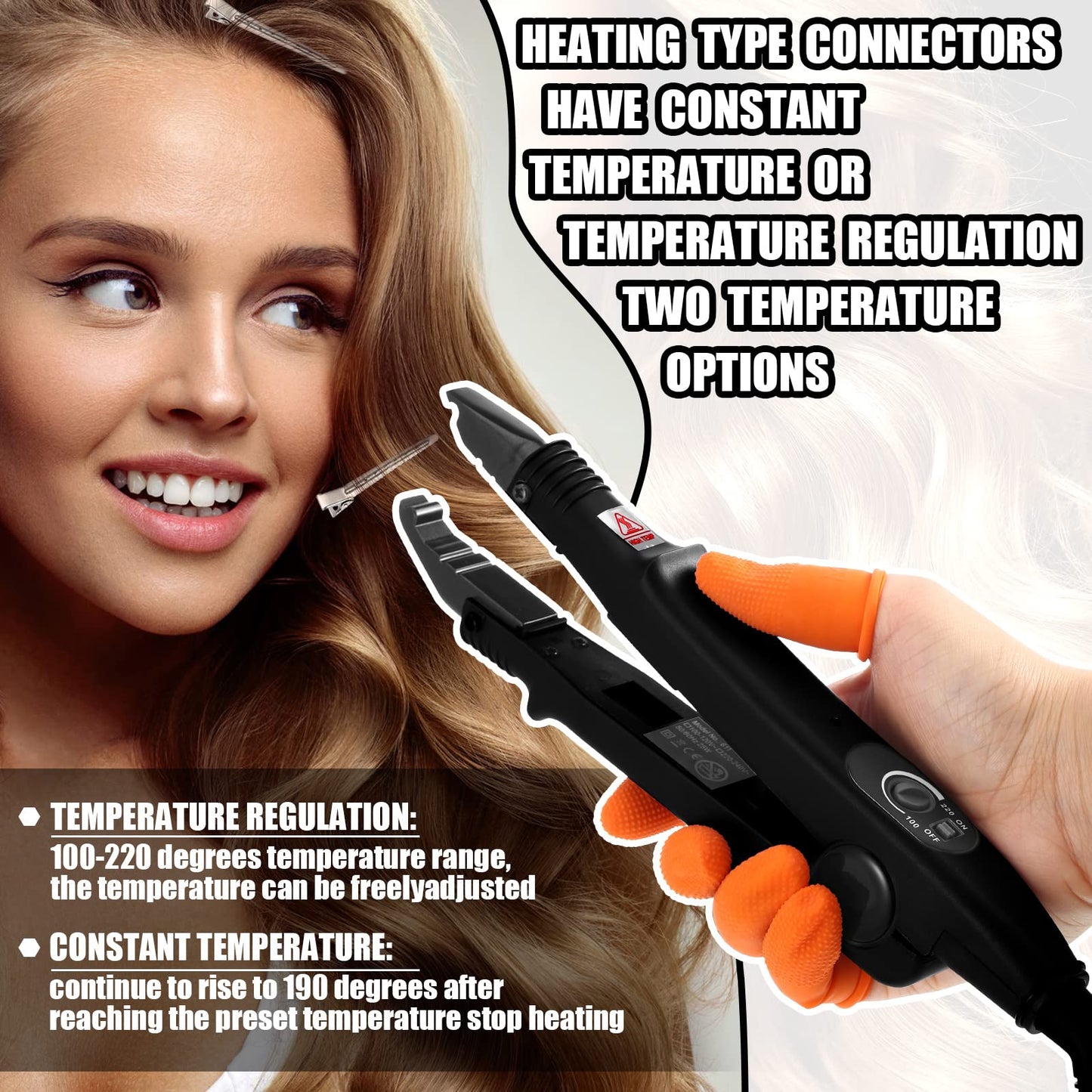 Lanties Hair Extensions Iron Fusion Keratin Hair Extensions Heat Tool Heat Connector Wand with Fusion Glue Protector Template Hair Clip Finger Protector 2 Bag Keratin Glue Granule Bead(Black)