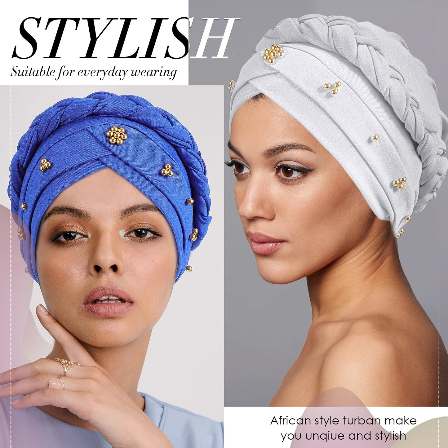 SATINIOR 9 Pcs Women Turban Braid Headscarf Braid Turban Wrap Pre Tied Twisted Hair Covered Beanie Beaded Headwear Cap(Fresh)
