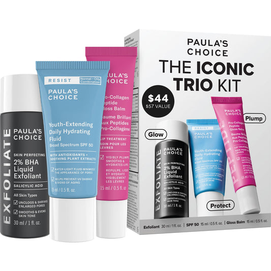 Paula’s Choice The Iconic Trio Kit, Travel 2% BHA Liquid Exfoliant, Travel SPF 50 Moisturizer, Full Sized Peptide Gloss Balm, Complete Glow and Lip Care Set