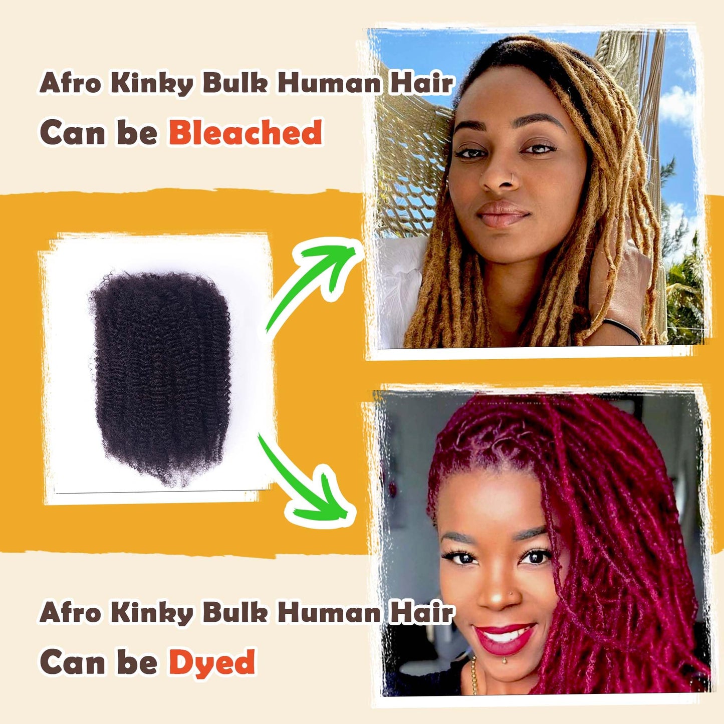 Afro Kinky-Curly Human Hair Bulk for Twist, Dreadlocks Making, Repairing and Extending Locs,100% Afro Kinkys Bulk Human Hair Natural Black Color, 16inches, 50g/pack Can be Dyed