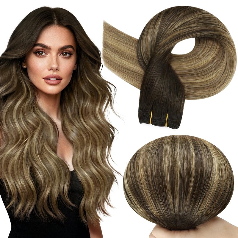 Full Shine Remy Human Hair Weft Sew In Extensions, 14 Inch 100G Dark Brown To Honey Blonde Balayage, Sew In Hair Extensions Real Human Hair For Daily Wear