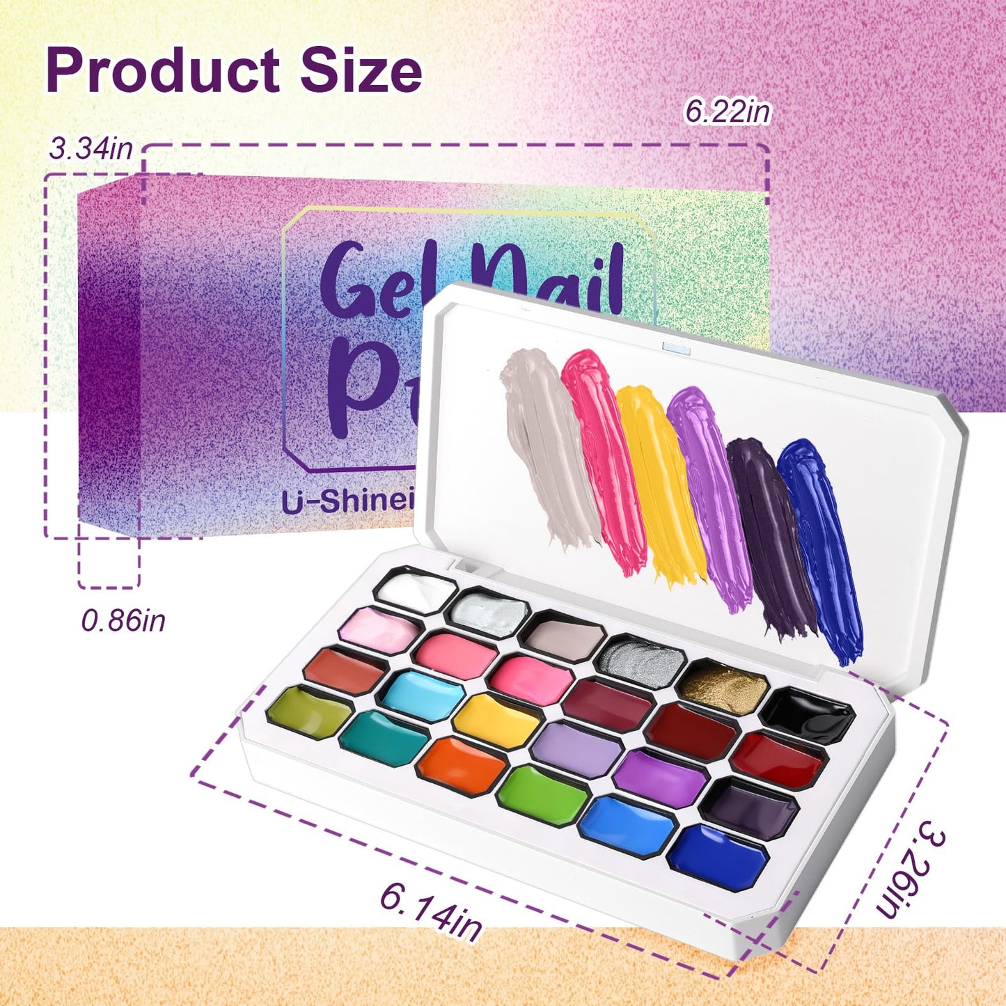 U-Shinein 24 Colors Pat Painting Nail Gel,Hema＆TPO Free,6-in-1 Gradient Ombre Paint Nails Gel Palette for Blooming,Nail Color Gel,Liner Gel,French Nail,with Chrome Powder,No Wipe,DIY Nail Art(A)