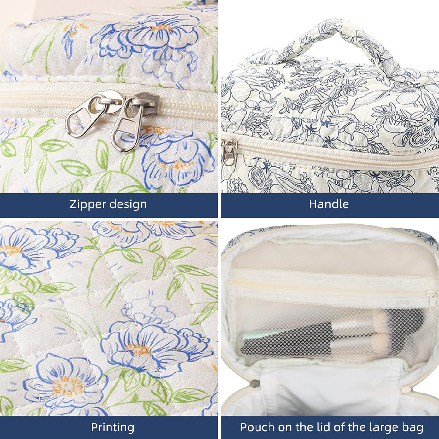 Quilted Floral Makeup Bag 3PCS, Cute Cotton Coquette Aesthetic Travel Toiletry Bag, Zipper Cosmetic Pouch, Daily Travel Use Skincare Bag, Large Capacity (Powder Blue Botanical)