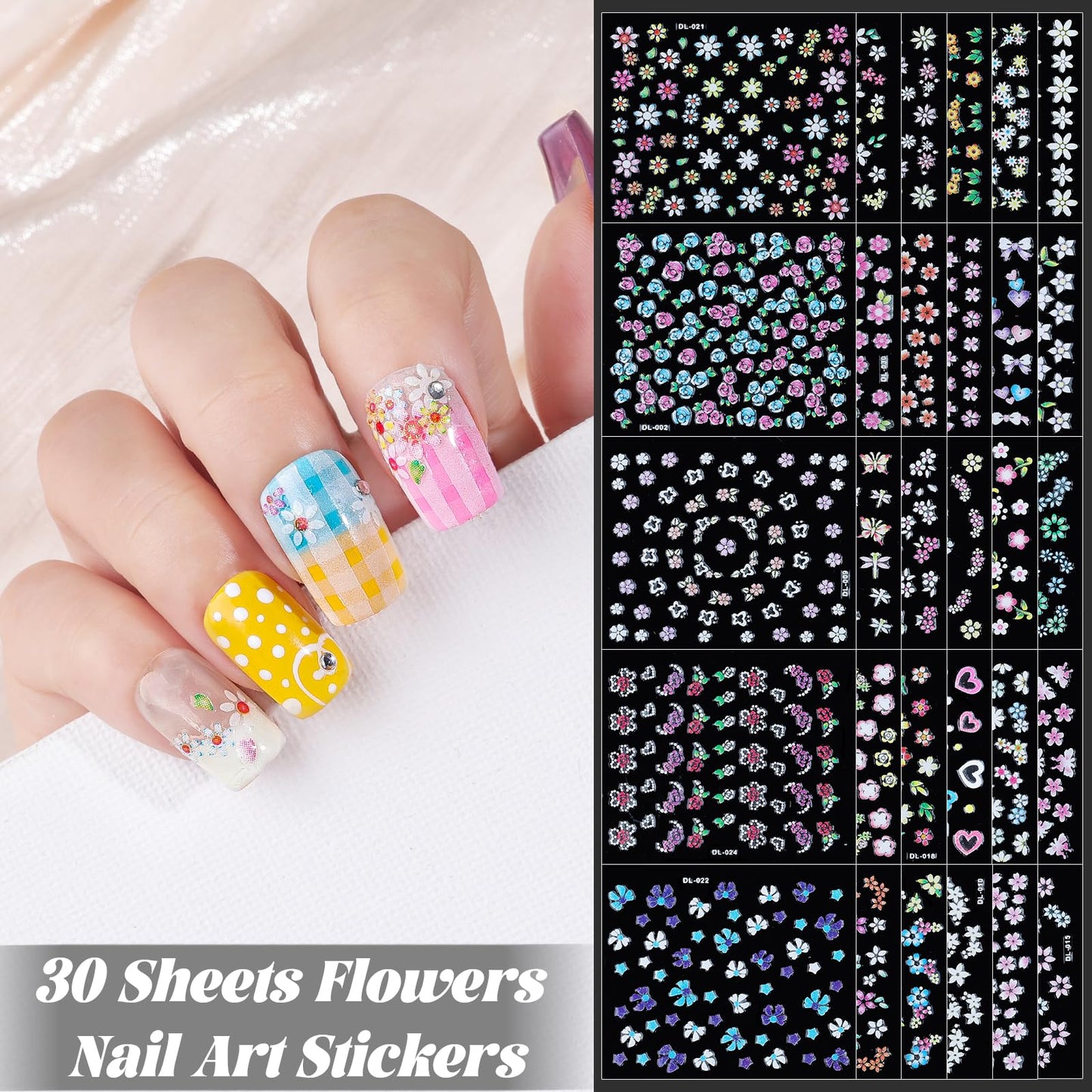 Nail Charms and Gems, Nail Art Kit with 30 Sheets Flower Nail Stickers, 6 Boxes 3D Nail Charms Colorful Clear Flatback Rhinestones Pearls, Diamonds,Picker Tools,Beads Pearls for Nails Art