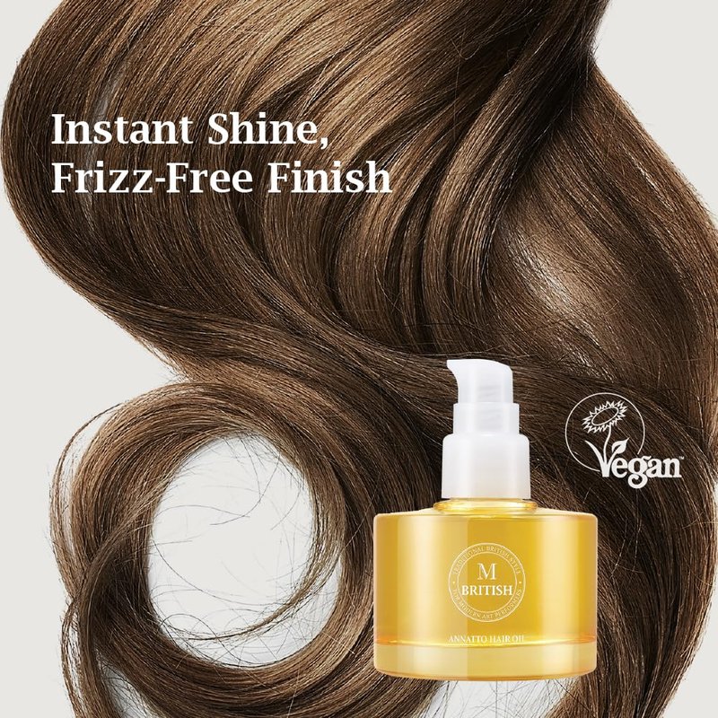 BRITISH M Annatto Hair Oil 2.36 fl. oz – Frizz-Free Shine, Deep Hydration, Natural Vegan Formula, UV Protection, Salon-Quality for All Hair Types