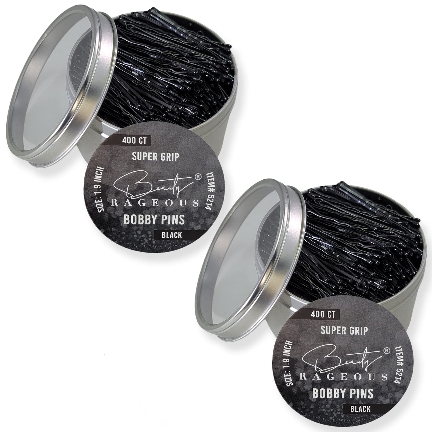 Super Grip Bobby Pins - Women's 1.9 Inch - Easy, Secure, All Hair Types - Handy Reusable Tin (Black - 800 Ct Approx)