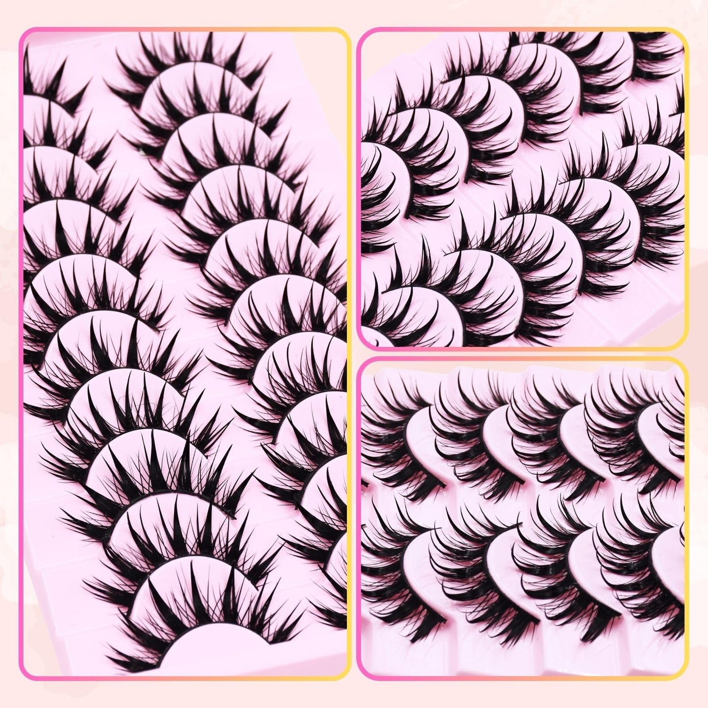 Anime Manga Style Cat Eye False Eyelashes 10 Pairs Wet Look C-Curl Spiky Makeup Lashes with Cotton Band for Cosplay, Daily Wear & Party