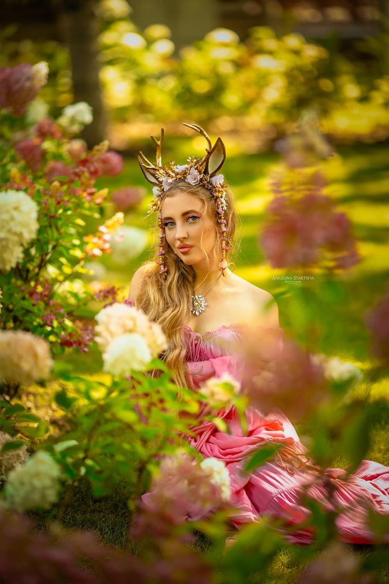 Handmade Gold Flower Antler Headband - Woodland Floral Reindeer Hairpiece for Women | Pink Rose Cosplay Accessory