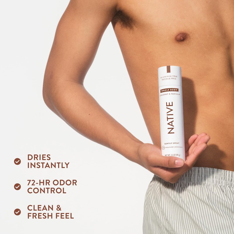 Native Whole Body Deodorant Spray, Coconut & Vanilla Scent, 72 Hour Odor Control for Pits, Privates & More, Aluminum Free, Quick-Drying Deodorant for Men & Women, 3.5 oz