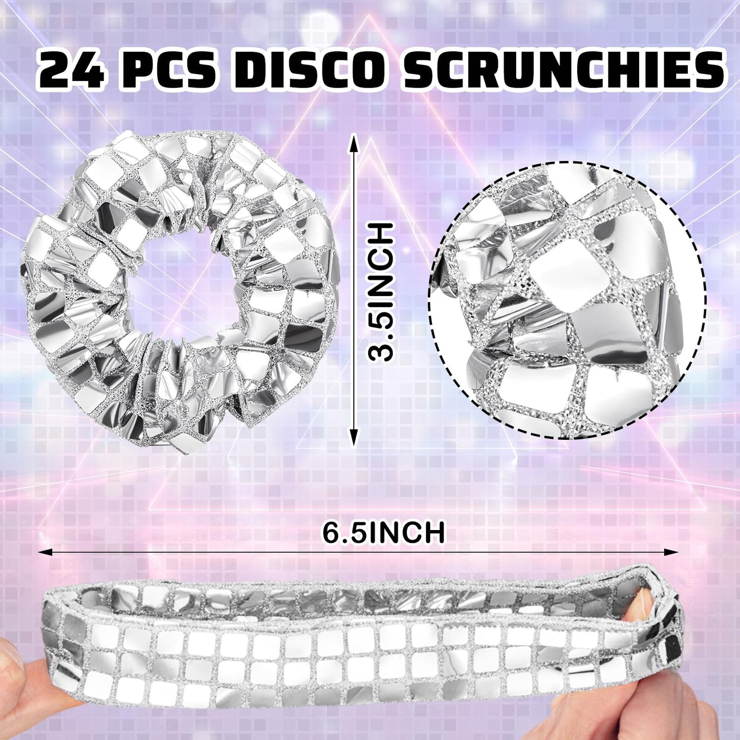 Lyrow 24 Pack Disco Ball Party Favors Sequin Bulk Hair Scrunchies Silver Shiny Glitter Sparkle Disco Metallic Accessories for 80s 90s Gift Birthday Western Bridal Shower Bachelorette (Silver)