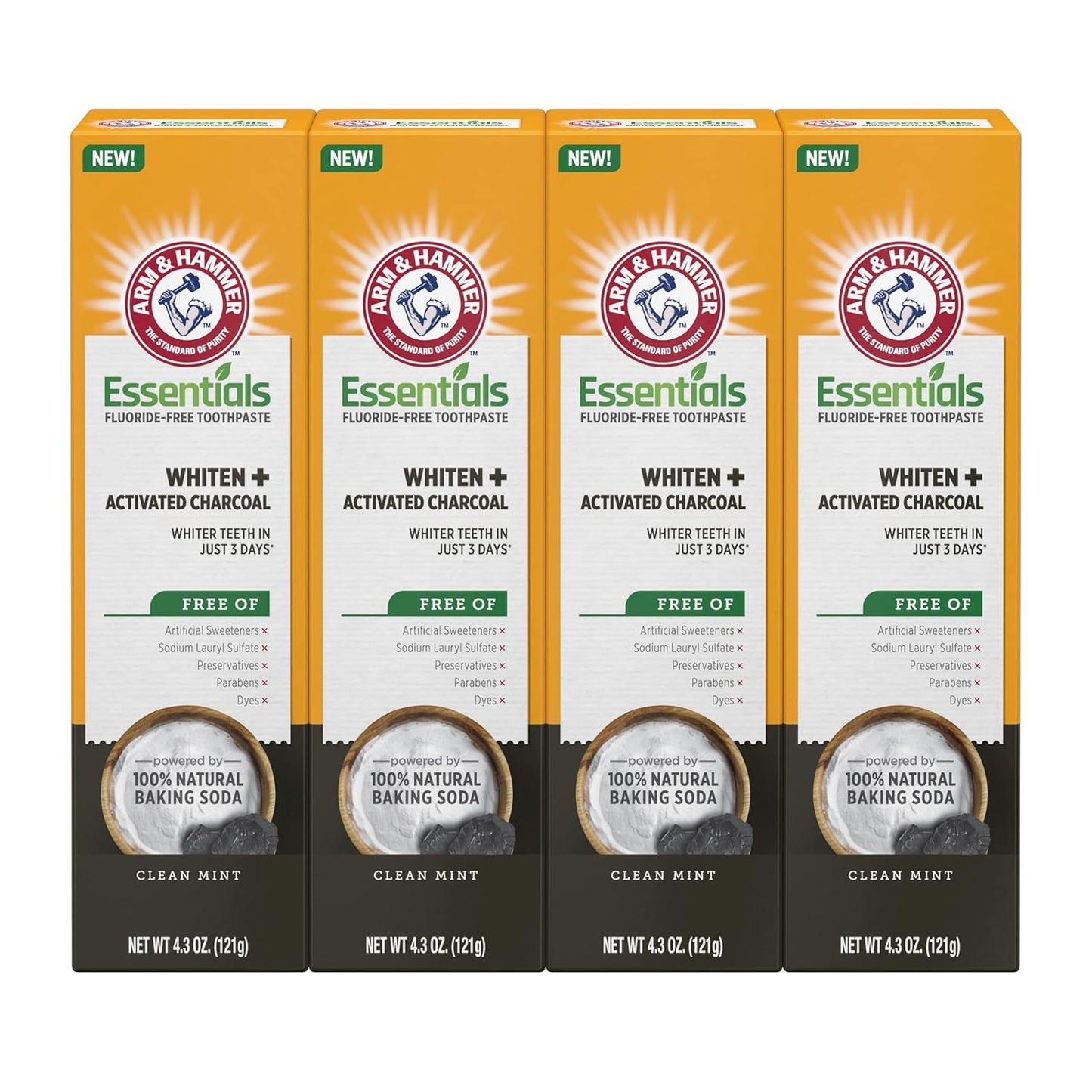 ARM & HAMMER Fluoride-Free Toothpaste with Activated Charcoal - 4 Pack of 4.3oz Mint Tubes | Natural Baking Soda Deodorant 4-Pack