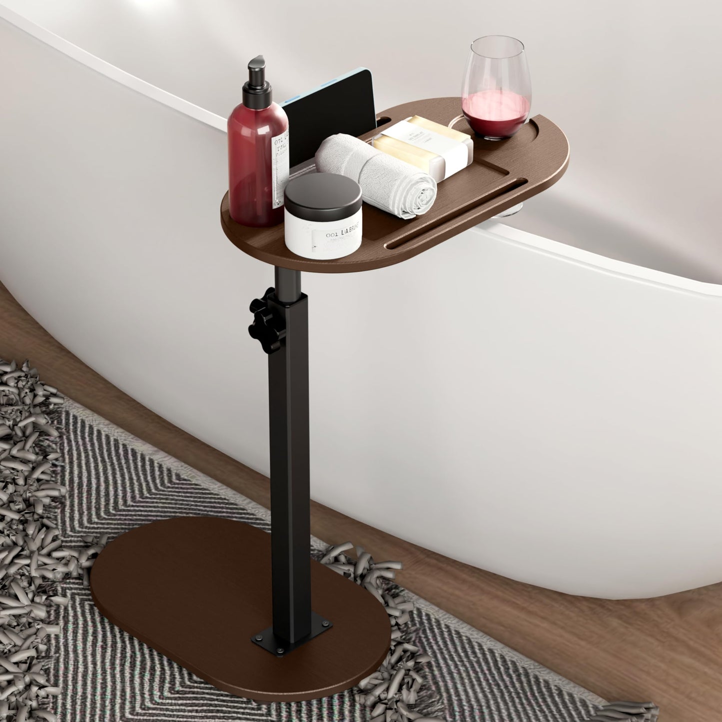 Yumkfoi Bamboo Bathtub Tray Table with Adjustable Height and Freestanding