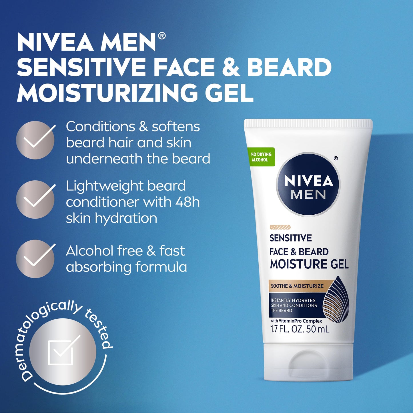 NIVEA MEN Sensitive Face and Beard Moisture Gel, Gentle Face and Beard Moisturizer for Men Instantly Hydrates Skin and Conditions Beards, 1.7 Fl Oz Tube, Pack of 3