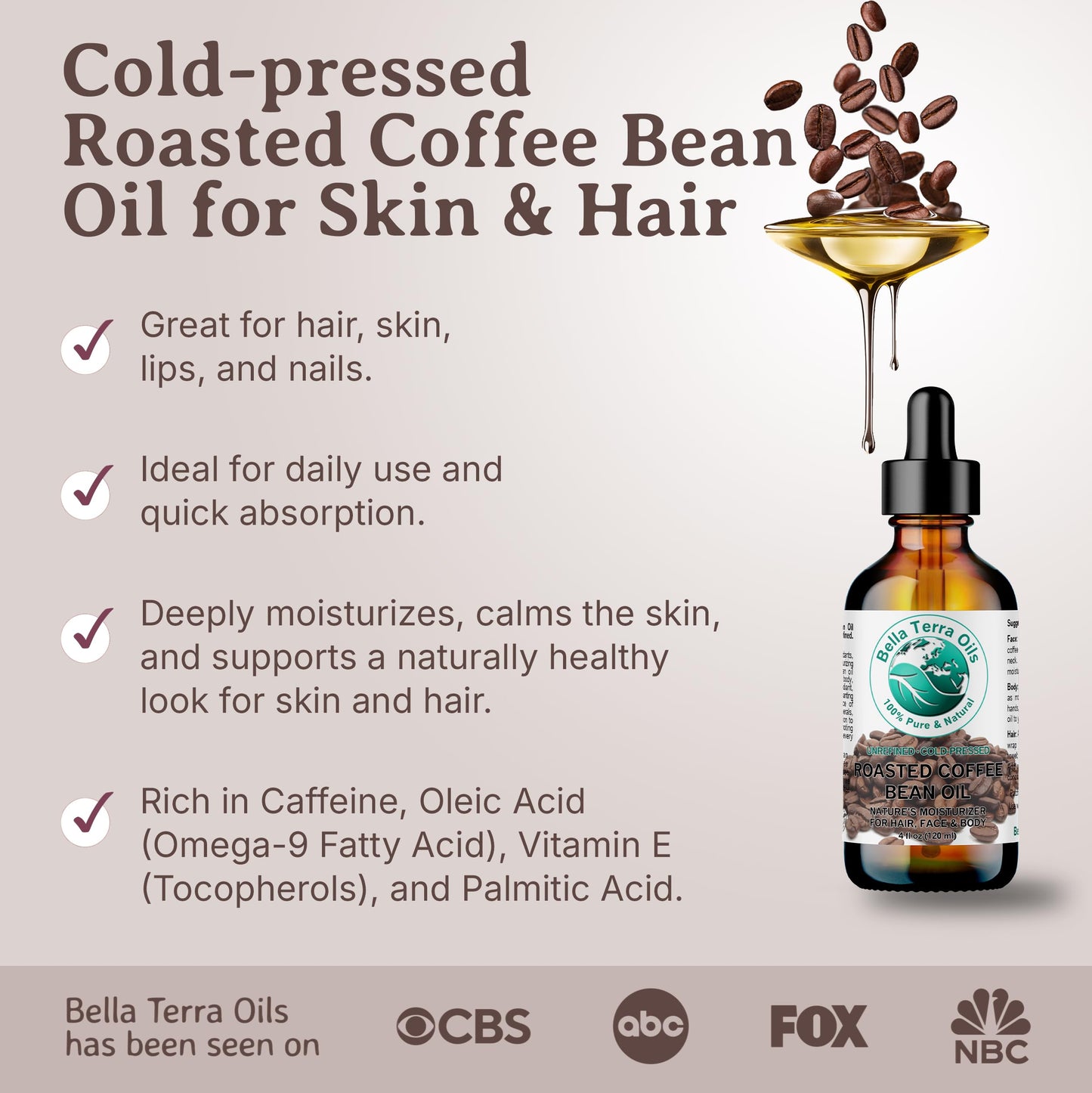 Bella Terra Oils – Roasted Bean Oil 4oz – A Symphony of Oils for Flavoring, Rich in Chlorogenic Acid, For the Love of Pure Aroma