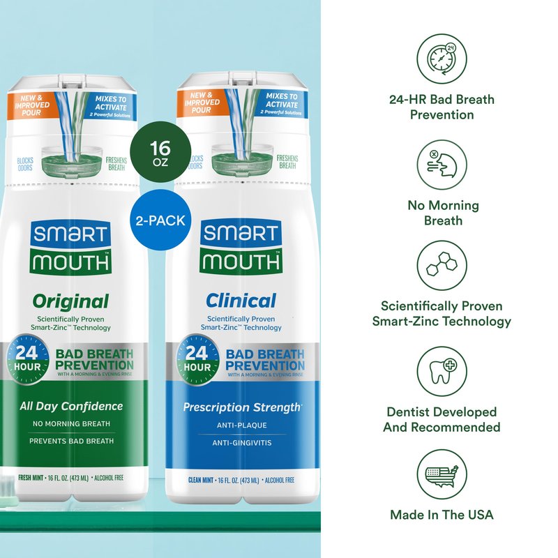 SmartMouth Original & Clinical Zinc Activated Mouthwash Bundle - All-Day Bad Breath Prevention & Healthy Gum Support - Instant Fresh Breath - Sugar, Gluten & Alcohol-Free - Mint - 16 fl oz Each