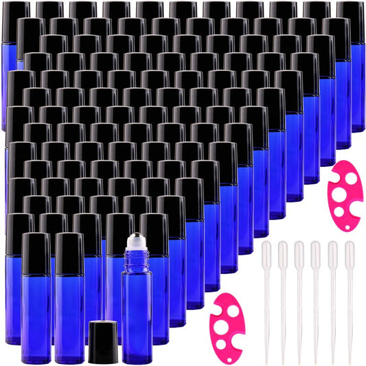 inice 100 Pack,10ml Roller Bottles for Essential Oils Cobalt Blue Thick Glass Stainless Steel Roll On Ball Bottles