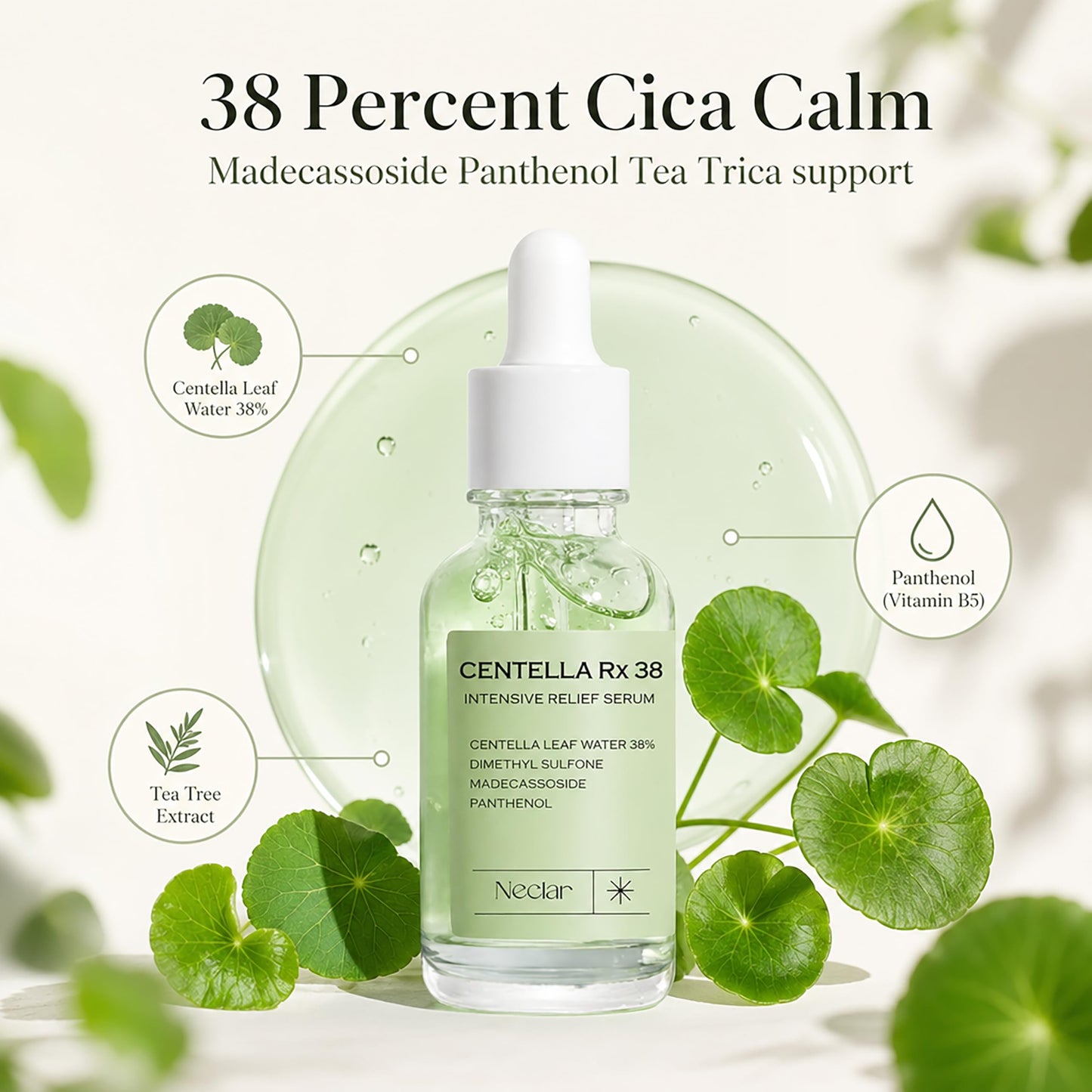 Korean Centella Asiatica Serum - Redness Corrector for Face - 38% Cica Leaf Water and Madecassoside - Ph Balanced - Barrier Support - Lightweight Calming - Rosacea Skincare - Centella Ampoule
