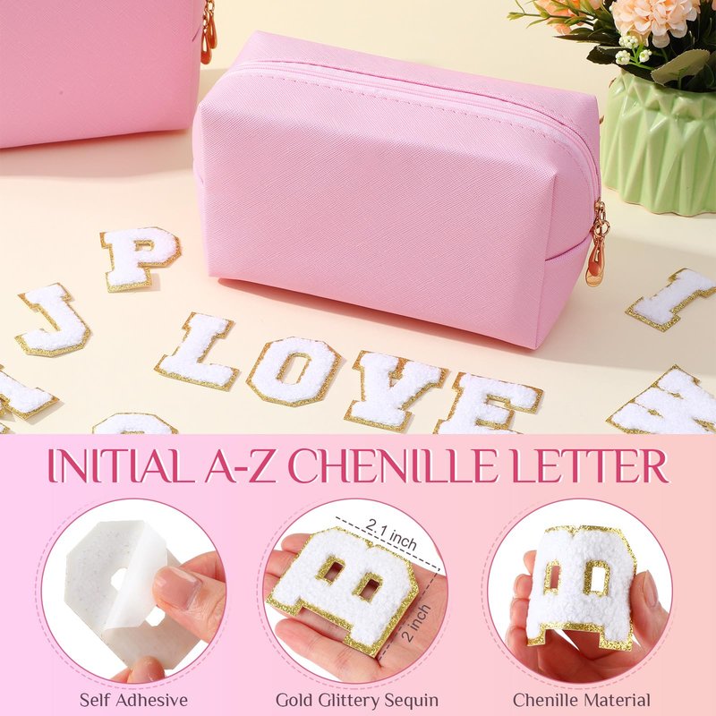 Kigeli 10 Pcs Aesthetic Makeup Bag with 26 Chenille Letters PU Leather Initial A-z Preppy Patch Bag Bachelorette Party Favors Cosmetic Pouches for Women with Zipper Bridal Shower Favors(Pink)