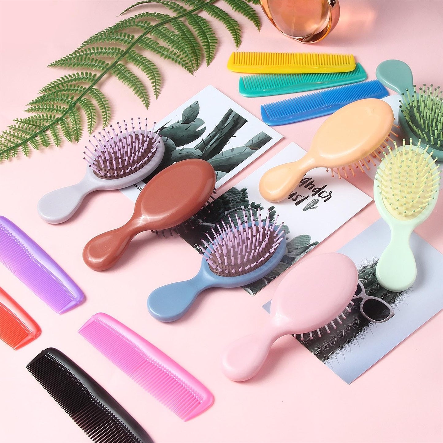 Mini Hair Brush 28 Pack, ANSLCA Hair Brushes Bulk Small Brush Set - Include 14 Travel Brush + 14 Fine Wide Detangling Hair Combs Wet Dry Hair for Girls Women Boys Men Kids (Stylish Colorful)