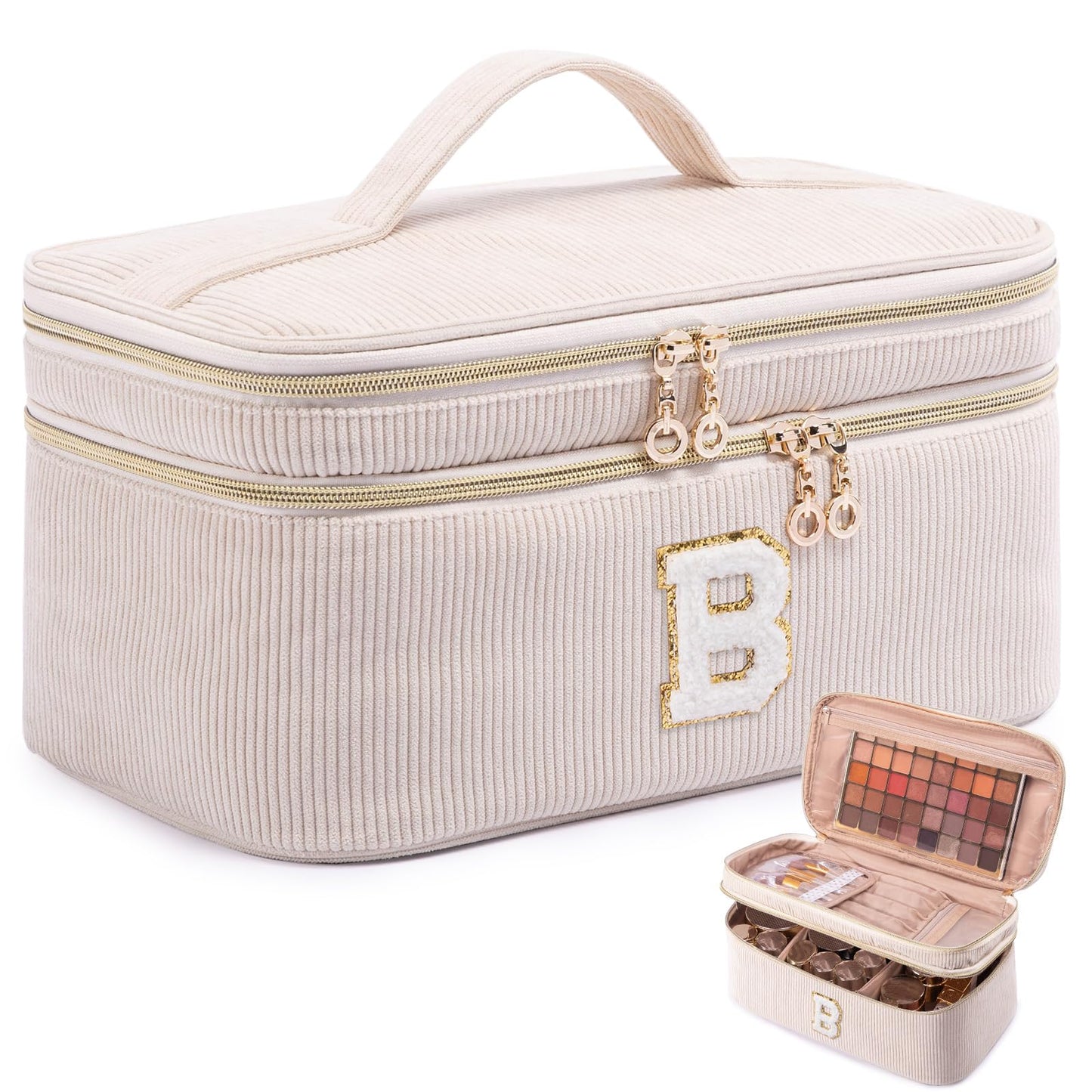 AMOIGEE Large Makeup Bag, Travel Makeup Bag Organizer, Double Layer Train Case Makeup Bag, Toiletry Bag for Makeup Brushes, Full Size Bottles, Palettes Sponge, Cosmetic Organizer