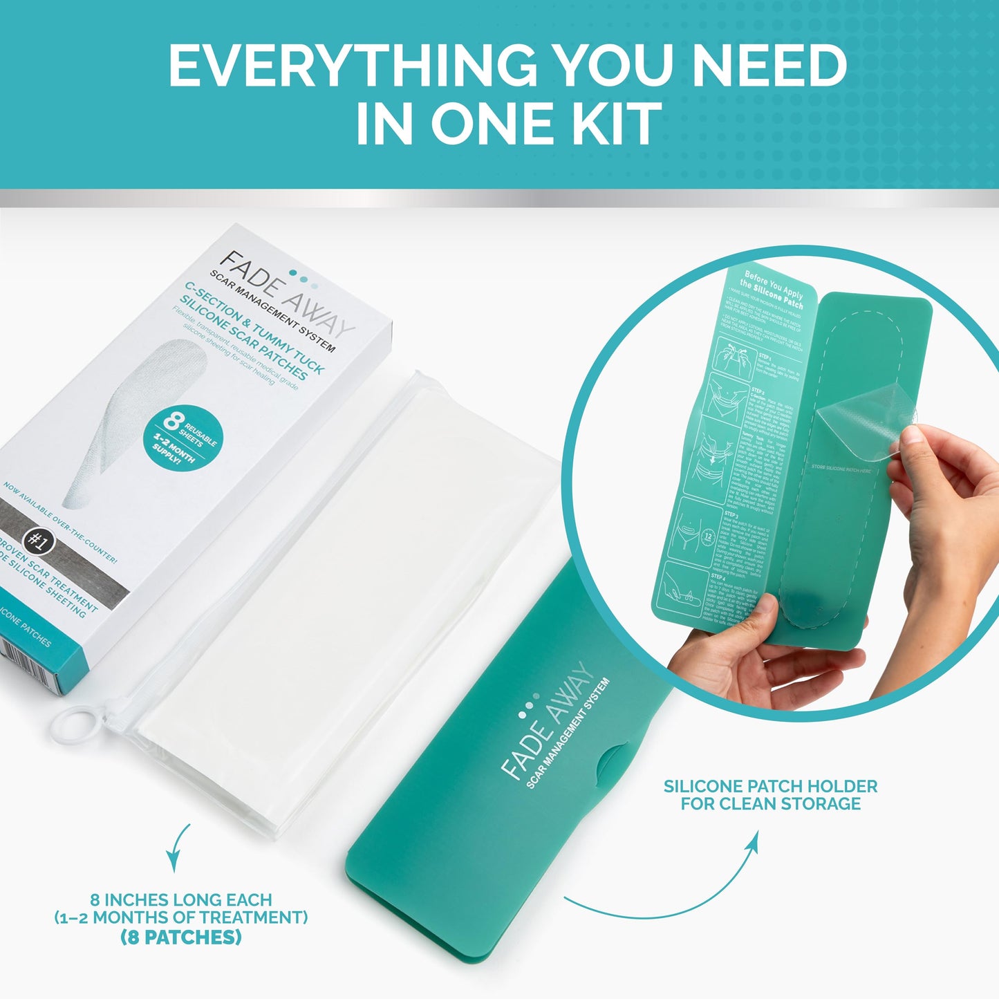 Fade Away Scars Silicone Scar Sheets for C-Section & Tummy Tuck – Reusable Medical Grade Silicone Scar Tape for Surgical Scars – Soft Scar Strips with Storage Pouch – Fade Away Silicone Scar Sheets