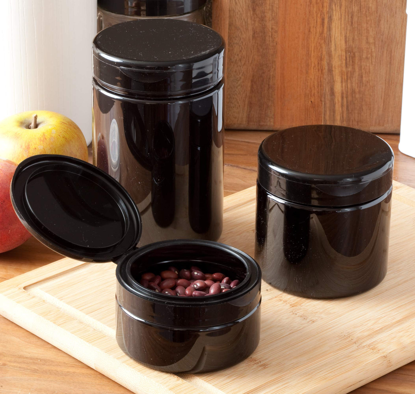 JUVITUS 8 oz Black PET Plastic Low Profile Jar with Black Flip Top Cap (12 Pack)