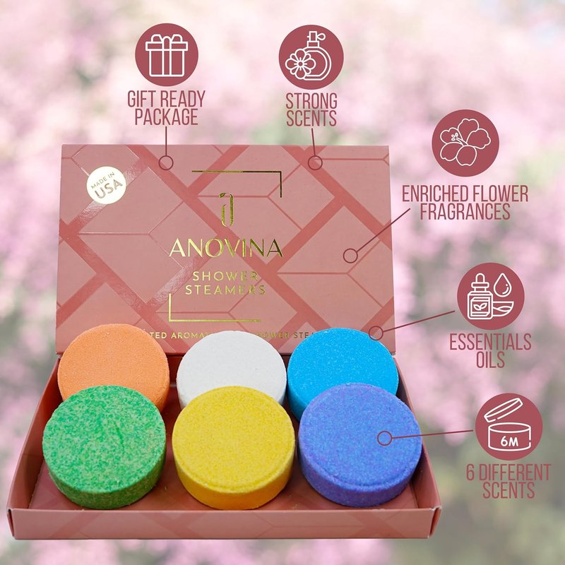 Anovina Aromatherapy Shower Steamers Gift Box | All-Natural Essential Oil Shower Tablets for Self-Care - Made in USA