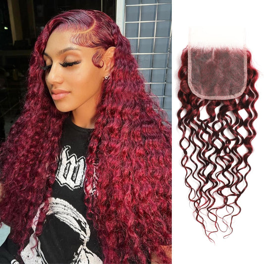ALHER #99J Dark Red Burgundy Water Wave 2x6 HD Lace Closure Water Wave, 12A Invisible Single Knot Pre-Plucked Brazilian Human Hair Lace Closure Wet n Wavy Middle Part Baby Hair (150% Density, 12 Inch)