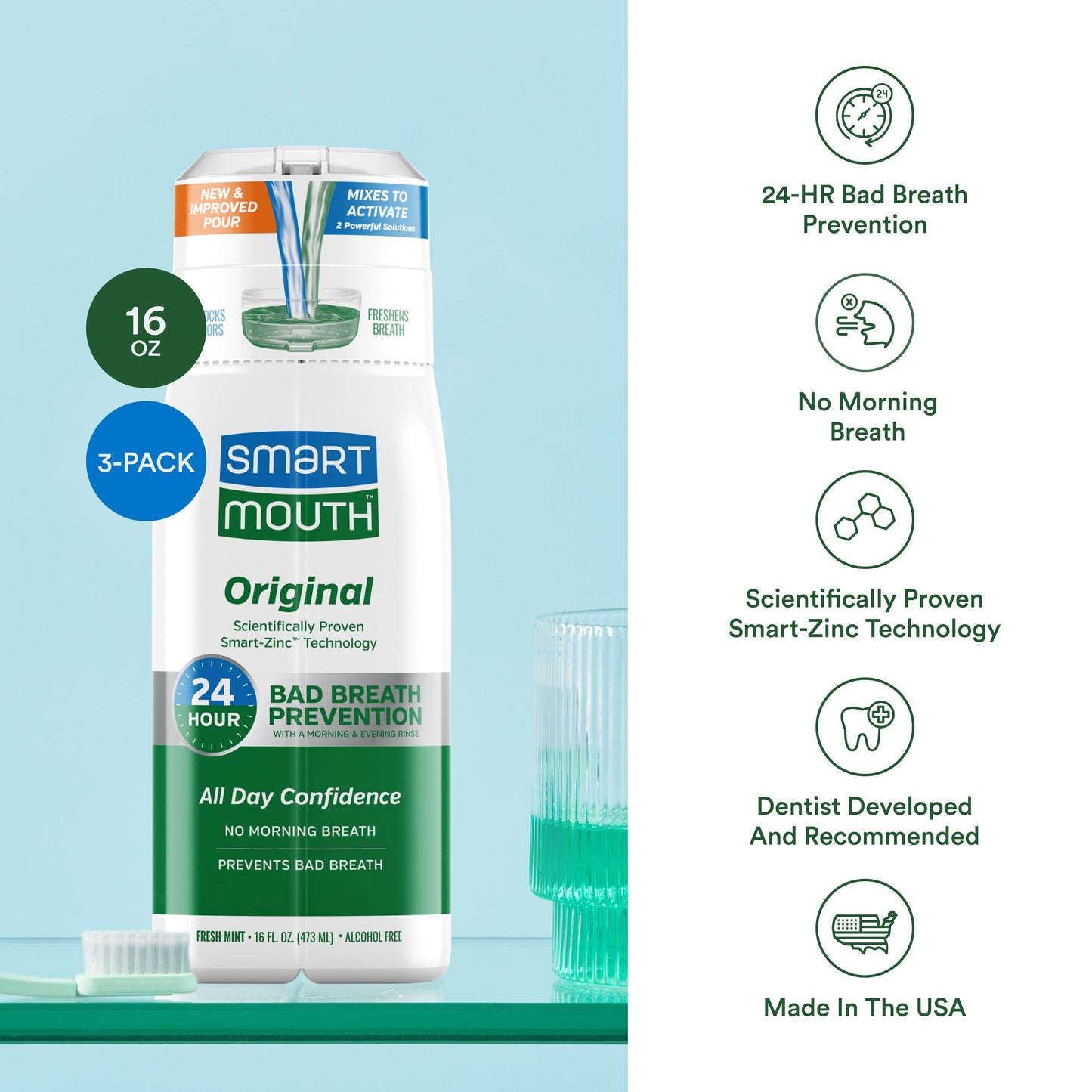 SmartMouth Original Zinc Activated Mouthwash - Instant Fresh Breath Mouthwash - Eliminates Bad Odors and Bad Breath - Alcohol-Free, Sugar-Free, Gluten-Free - Fresh Mint - 16 fl oz - 3 Pack