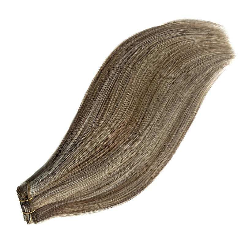 Sew in Hair Extensions Real Human Hair, Weft Hair Extensions Human Hair Bundles 14 Inch 80G Ash Brown and Blonde Balayage Ash Blonde Highlights Hand Tied Weft Hair Extensions Human Hair Weave Bundles