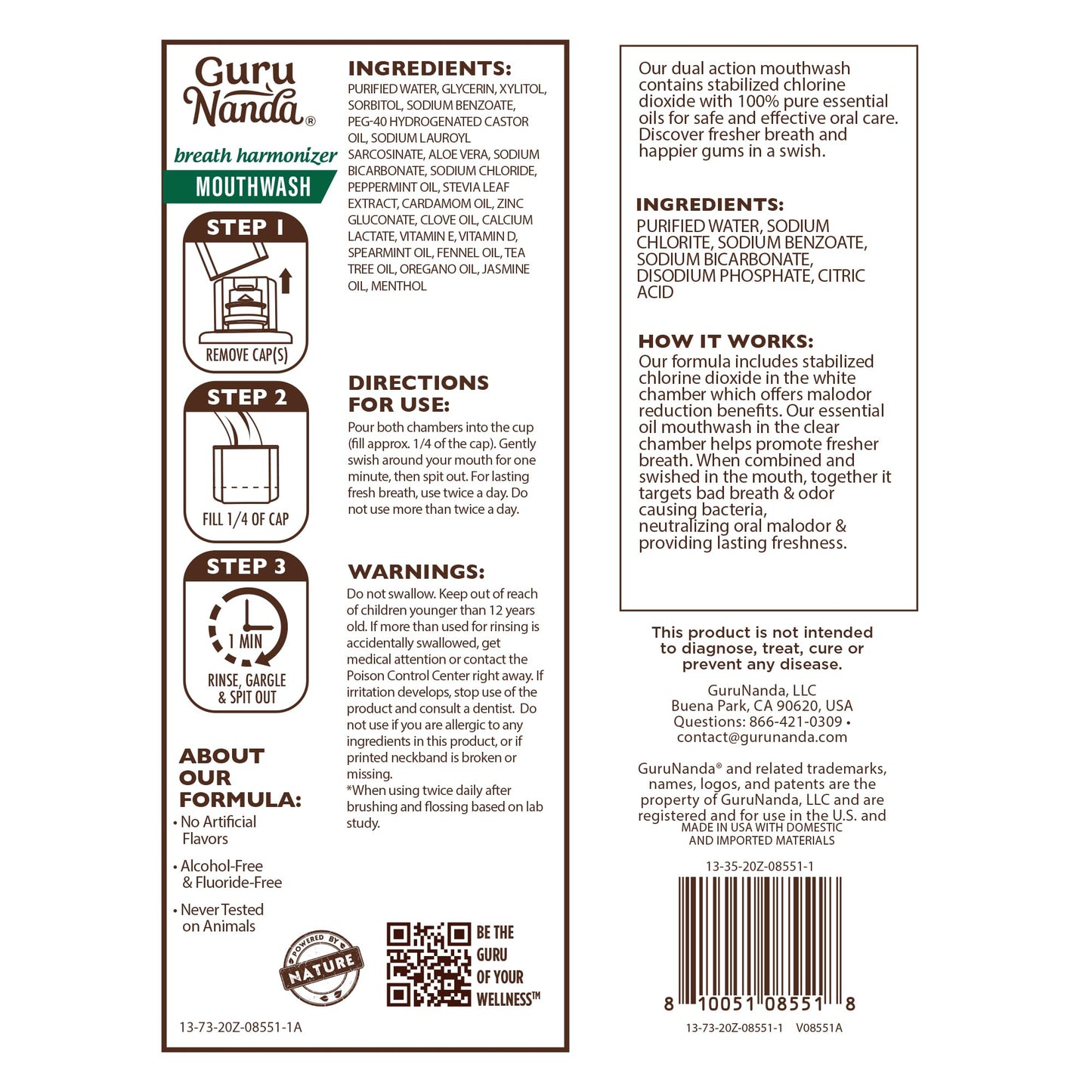 GuruNanda Dual Barrel Breath Harmonizer Mouthwash - Freshens Breath - Alcohol & Fluoride Free with Sodium Chlorite & Essential Oils - Wild Mint Flavor, 3 Pack