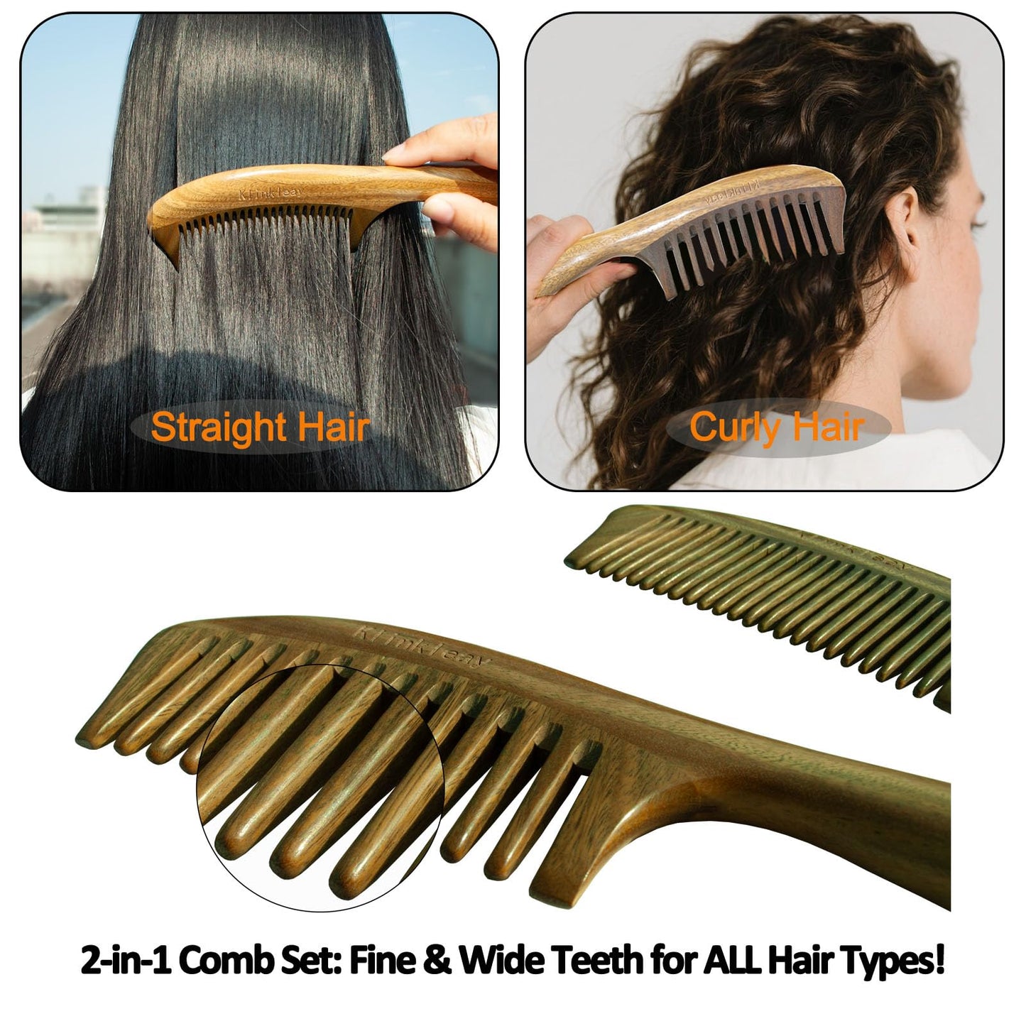 Klinkleay Sandalwood Hair Combs Set: Handmade Wooden Wide & Fine Tooth Comb for Women, Thick-Handle Anti-Static Detangling Comb for Curly/Straight Hair (Gift Box)