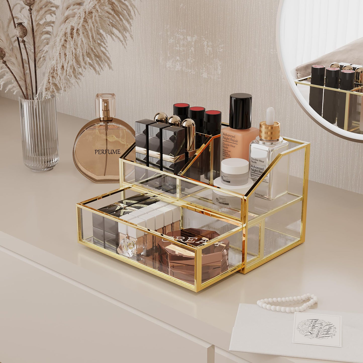 FSyueyun Makeup Organizer for Vanity, Clear Glass Drawer Organization and Storage Jewelry Display Case Gold Cosmetics Storage Lipstick Organizer Tray Perfumes for Bathroom Counter or Dresser